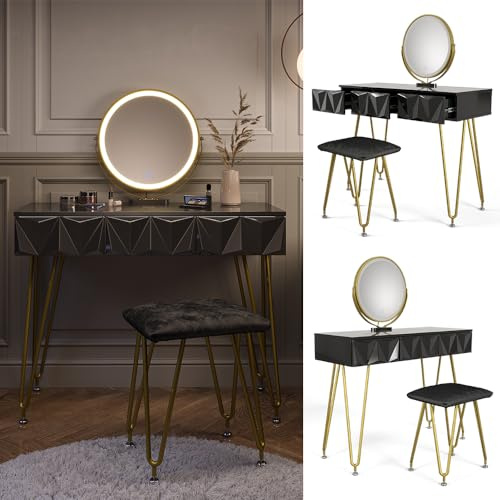 Vicco Tavolo da toeletta Ruby, Nero, 100 cm | con specchio e sgabello a LED, Spazio per trucco, prodotti per capelli e cura sempre a portata di mano