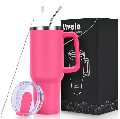 Livole 40oz Tumbler with Handle, 1200ml Leakproof Vacuum Travel Mug for Cold Hot Drink, Insulated Coffee Cup with Straw and Lid, Stainless Steel Water Bottle for Travel, Camping, Sports, Rose Red