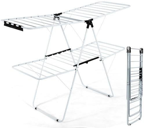 GIANTEX Étendoir Linge Intérieur, Tancarville 2 Niveaux avec Pinces Papillon Réglables, Séchoir à Linge Pliable Déjà Assemblé, Étendoir Linge Extérieur pour Draps & Vêtements, Blanc