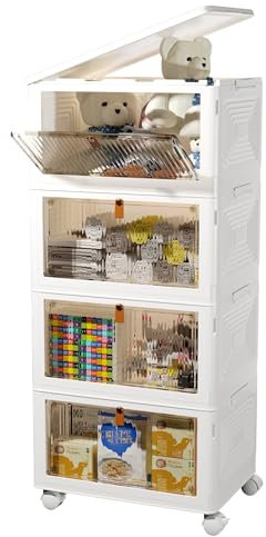 4 Tier Stackable Bins with Lids, 23Qt Plastic Storage Containers with Magnetic Doors & Wheels, Collapsible Storage Bins Closet Organizers, Foldable Organization for Home, Party, Office, Dorm