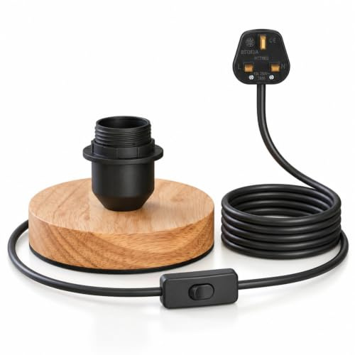 DC VOLTAGE E27 Vintage Wooden Table Lamp Base, Industrial E27 Desk Lamp Holder with UK Plug with ON/Off Switch, Bedside Desk Lamps for Cafe Bar Bedroom Living Dining Room Decoration (Style 2)