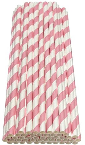 Haobase 50Pcs Paper Drinking Straws, Biodegradable Paper Straws for Drinking Cocktail, Coffee, Cold Drinks (Stripes Pattern) (White/Pink Stripes)