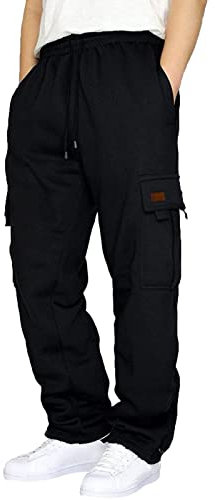 Herren Baggy Cargohose Jogginghose Breite Bein Baumwolle Loose Fit Extra Lang Casual 4 Taschen Sporthose Freizeit Taille Kordelzug Laufen Fitness Yoga Cargo Hose-5XL-Black