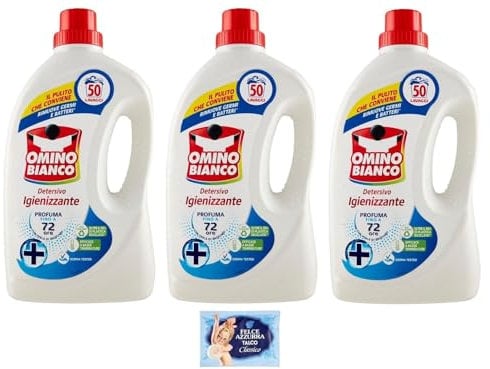 3x Omino Bianco Detersivo Lavatrice Igienizzante - detersivo liquido per lavatrice, Rispetta Colori e Tessuti - 50 lavaggi, 2000ml + 1 Confezione di Talco Felce Azzurra in omaggio, Busta da 100g