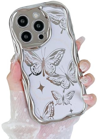 DEFBSC Case for iPhone 14 Pro Max, Cute Butterfly Pattern Design Women Girls Soft TPU Electroplated Silver Edge Curly Wave Frame Case, Lens Protection Shockproof Aesthetic Phone Case - Butterfly