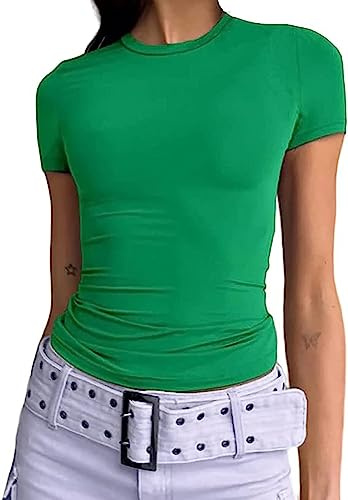 Women's Basic Slim Fit T-Shirt Top Short Sleeve Y2K Tops TikTok Influence Crop Top Club Party Streetwear(Green-12, XL)