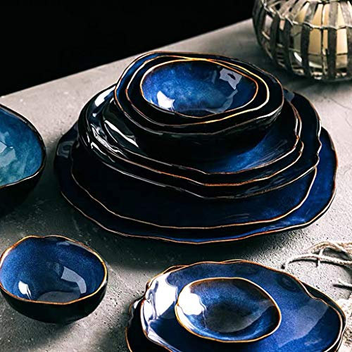 Set di stoviglie, set di stoviglie per 2/4 persone, piatto di piatti di forma irregolare in ceramica di colore blu