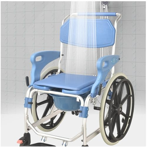 Dusch-Transport-Rollstuhl mit feststellbaren Rädern, Toilettenstuhl mit Rollen für ältere und behinderte Menschen - Mobiler Rollstuhl mit Armlehnen & Fußstützen