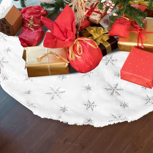 Yuning Weihnachtsbaum Röcke Weihnachtsbaumdecke Weiß Plüsch Rund Weihnachtsbaum Decke Christbaumdecke Christbaumständer Teppich mit Schneeflocke Pailletten Weihnachtsbaum Dekor(Silber-122CM)