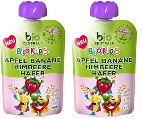biozentrale BioKids Fruchtmus Apfel Banane Himbeere Hafer | 12 x 90g | Fruchtiger Snack ohne Zuckerzusatz | Vegan (Packung mit 2)