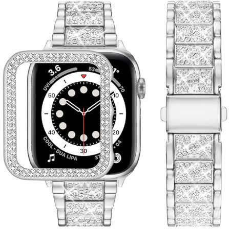 wutwuk Compatible con correas de Apple Watch para mujer de 46 mm, correa de metal brillante para iWatch con funda brillante, pulsera de repuesto con diamantes de imitación para iWatch Series 10, color