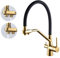 HomeLava Grifo de cocina de 3 vías para sistemas de ósmosis, Grifo para fregadero de cocina con caño flexible, 2 palancas, Rotación de 360°, Acero inoxidable, Dorado