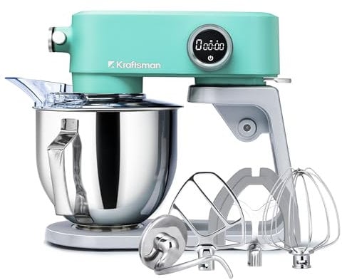 Kraftsman All-Metal Stand Mixer, 5L Kitchen Food Mixer for Baking with Stainless Steel Dough Hook, Whisk, Beater, Flexible Beater, Universal Attachment Hub, 8 Speeds & Timer Function (Blue)
