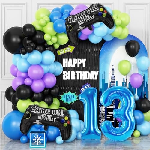 13th Birthday Video Game Balloons Arch, 13th Game Party Balloon Garland Kit 13th Boys Birthday Supplies with Blue Number 13 Balloon Game Foil Balloons for 13 Year Old Teens Boys Party Decor