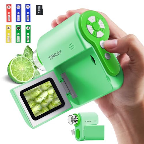 TOMLOV P20 Handheld Digital Mikroskop, 3-in-1 Taschenmikroskop für Kinder, Tragbare 1080P DV Kamera mit Klappbarem 2 LCD Bildschirm, Kompatibel mit PC, 6 LED Lichter, 6 Pcs Objektträger, 32GB (Grün)