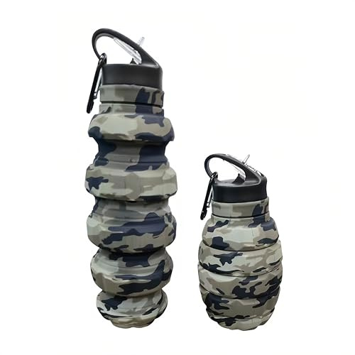 Botella de agua plegable de viaje, botellas de agua plegables de silicona reutilizables para gimnasio, camping, senderismo, botella portátil a prueba de fugas, botella de camuflaje del ejército con