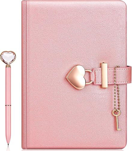 Diary with Lock for Girls, A5 PU Leather Notebook with Lock, Secret Diary for Girls, Heart Shaped Lock Journal with Key, 144 Sheets Password Lock Notebook with Pen for Travel Diary Office Notepad,Pink