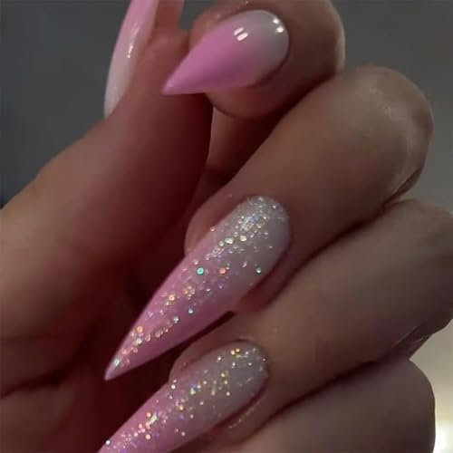 MouyouGlow Press on Nails Lang,Stiletto Milky Weiß Farbverlauf Rosa Glitzer Cool Fake Nails mit Nagelkleber,Pink Ombre Shimmer Künstliche Fingernägel