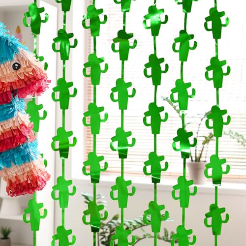 Mega-L Cinco de Mayo Dekorationen, 2 Stück, Fiesta-Party-Fransenvorhänge, 1 x 2 m, mexikanischer Hintergrund, grüne Kaktus-Lametta-Luftschlangen, Foto-Requisiten für Spanien, Taco, Geburtstag, Party