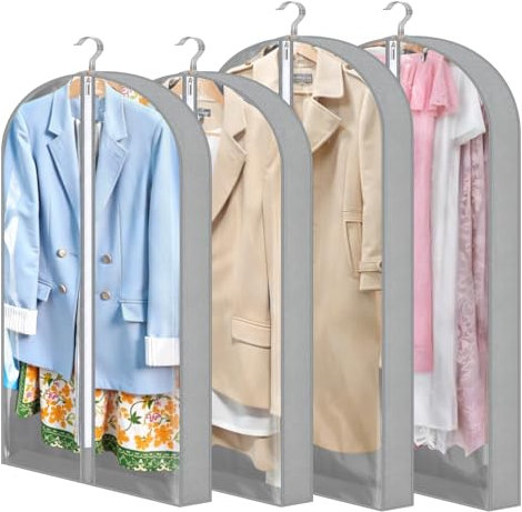 Dntorx 4 Stück Kleidersack, 127 x 60 cm + 100 x 60 cm Kleidersäcke mit 10 cm Seitenfalten, Transparente Kleiderschutzhülle mit Reißverschluss Kleiderhülle für Anzug Hemd Kleider Mantel