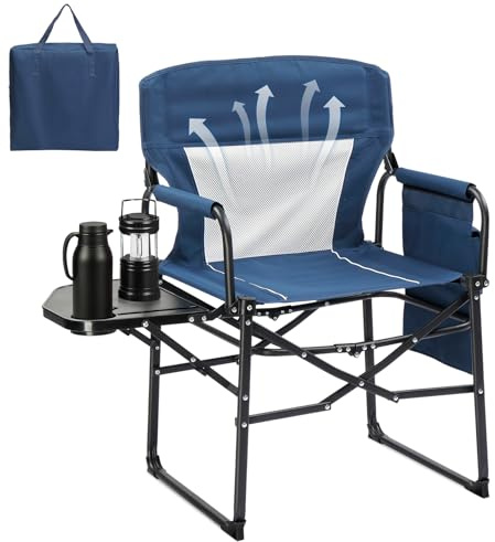 Bonnlo Camping Chairs for Adults Heavy Duty, Folding Directors Chair | With Side Table, Cup Holder, Storage Pocket, Supports Up to 120KG, Portable for Outdoor Garden Fishing Festival BBQ (Blue)