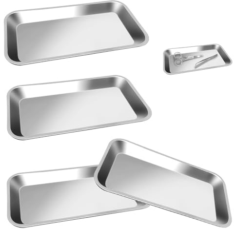 4 Stück Instrumententablett, 22,5x11,5 cm Labor Tablett Edelstahl | Wiederverwendbare Trays Laborschalen, Tablett Klein für Labor Servierplatten