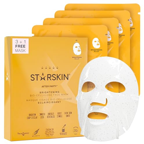STARSKIN Brightening Face Mask, Niacinamide & Bio-Cellulose, 3+1 Pack, Dark Spots & Evens Skin Tone, Reduces Dullness, Energizing & Cooling, Anti-Aging, Korean Face Mask, K-Beauty, After Party