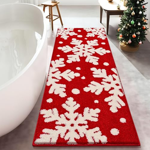 Likiyol Badezimmerläufer mit Weihnachtsmotiv, extra dick, weich, saugfähig, rutschfest, waschbar, Weihnachts-Schneeflocke, Winter, langer Badteppich, Läufer, Duschmatte für Weihnachtsdekoration, 61 x