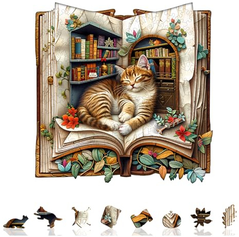 Wooden Jigsaw Puzzles for Adults & Kids - Cat in the book Jigsaw Puzzles 270pcs, Artistic Wall Decor & Birthday Gift Idea for Friends, Home Office Puzzle (32x31.5cm)