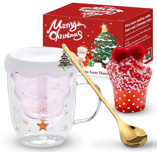 Allony Tazze da Caffè in Vetro Natalizio, Resistente al Calore, Vetro per Albero Natale, 300ML con Coperchio e Maniglia per Caffè, Latte, Natale Divertenti Calze, Regalo Divertente per Famiglia Amici