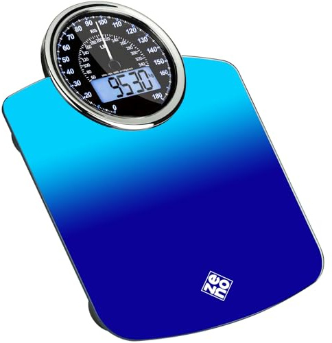 ZENO Hybrid 2-in-1 Digitale & Analoge Körperwaage bis 180 kg - Dickes Hartglas - Extra Große Anzeige - Einfach Ablesbare Digitale Personenwaage - NEU - Farbverlauf Blau