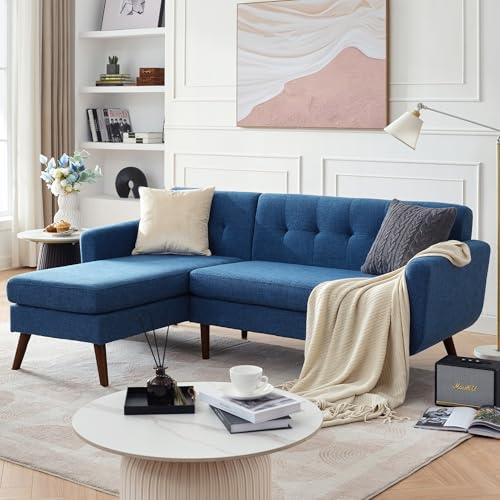 Kingfun 203cm Ecksofa Blau mit Knopfheftung & Holzfüßen, 3 Sitzer L Form Eckcouch Leinenoptik mit Waschbare Bezüge für Wohnzimmer & Schlafzimmer, L Form Big Sofa mit Chaiselongue für Büro & Apartment