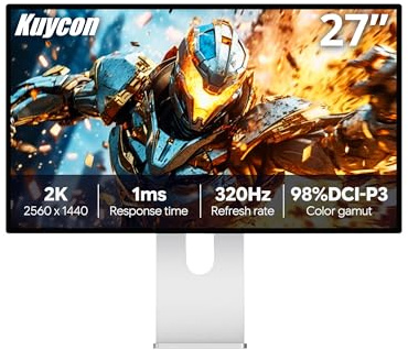 Kuycon P27S 27'' 2K Monitor 2560x1440, 320Hz,Minimalist con Soporte | 1 ms, 400 cd/m², 99 % sRGB, 98 % DCI-P3, carga USB-C de 100 W, totalmente laminado, cristal brillante, para gamers