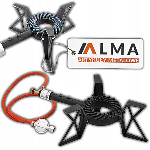 Alma Manufacturer Gaskocher Hockerkocher 7,5 kW - Campingkocher für Propan Butan Gasflaschen 0,5-11 kg, 37 mbar - mit Schlauch und Druckminderer - 39,5 × 18,5 cm