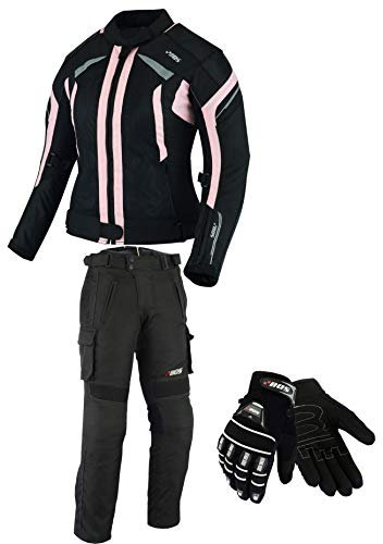 BOSmoto DAMEN MOTORRADKOMBI JACKE + HOSE + HANDSCHUHEN - BIKE MOTORRAD ROCKER TOURING in verschiedenen farben (XS, Schwarz Rose)