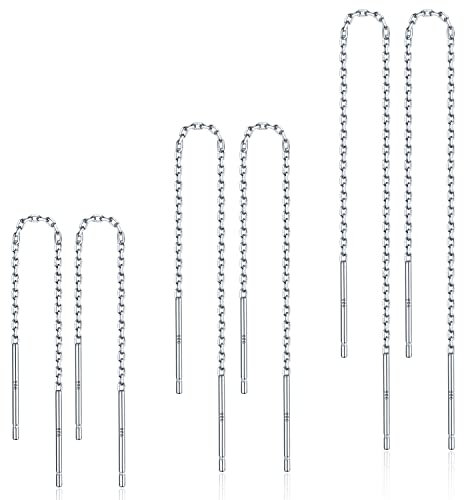 LINGBG JEWELRY 3 Paar Einfädel-Ohrringe 925 Sterling Silber Lange Kette (2.4in/3.5in/4.12in) Bar/Ball Wrap für Frauen Leichtes Minimalistisches Schmuck-Set
