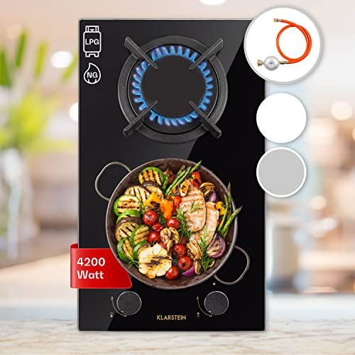 Klarstein Gasherd, Gaskochfeld 2 Flammig, Einbau-Gaskocher für Zuhause & Wohnmobil, Campingkocher mit Glasplatte, Gasherd für Propan- und Erdgas, Edelstahl Gas-Herdplatte Wok Brenner 4200 Watt