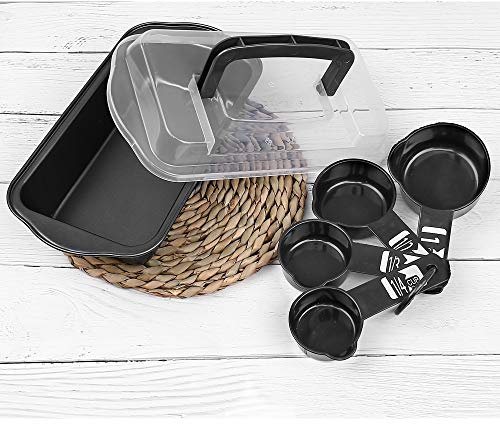 URBN-CHEF Black Metal Bread Cake Making Oven Tin Loaf Container with Lid, Measuring Spoons and Recipes Set - Non Stick Coating | Home Baking