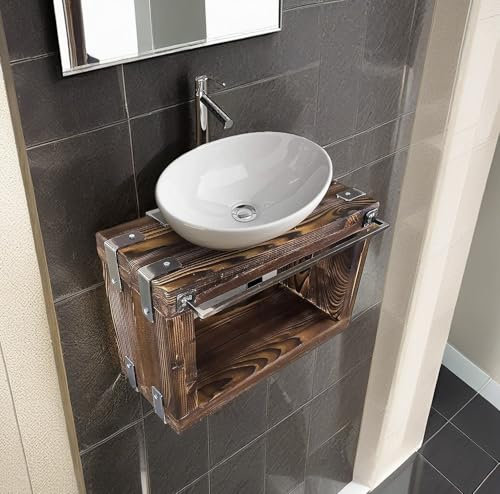 CHYRKA® Badmöbel Waschtisch BORYSLAW-Bad Waschbecken Hängeschrank Waschtischunterschrank Waschbecken-Unterschrank Metall Holz Loft Handmade (Natur, 80 x 28 cm H=40 cm)