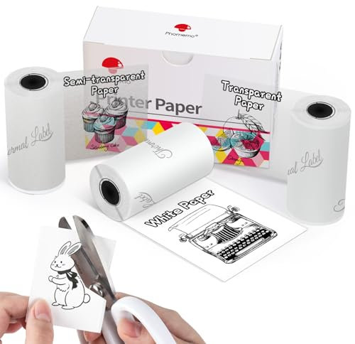 Phomemo Selbstklebendes Thermopapier für Phomemo T02, M02, M02S, M02Pro, M03, M03AS, M04S, M04AS Mini Thermodrucker, Weiß/Transparent/Halbtransparent Druckerpapier, 3 Rollen