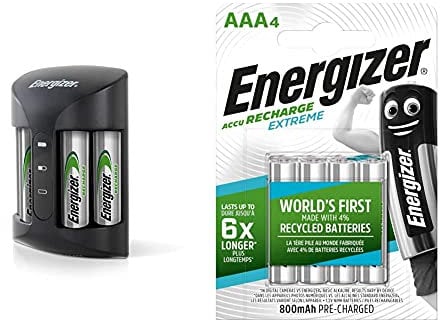Energizer Ladegerät Batterien, Recharge Pro, für Wiederaufladbare Batterien der Größen AA und AAA & E300624400 NimH-Akku Rechargeable Extreme Micro (1,2Volt 800mAh, vorgeladen 4er-Packung)
