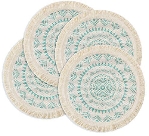 Ojia, set di 4 tovagliette rotonde con nappe boho da 40,5 cm, tessuto di cotone color acqua e crema resistente al calore, lavabili a cerchio, per tavola, cena, matrimoni, decorazione della casa