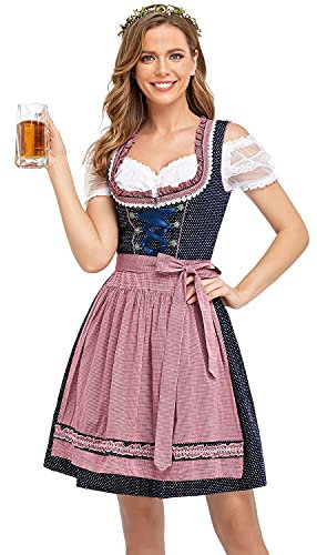 Dirndl Damen midi Trachtenkleid Damen Trachtenrock Trachtenmode Kleid Dirndlbluse für Oktoberfest Rosa 34
