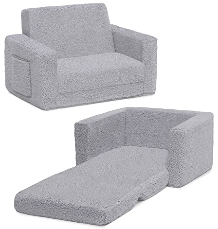 Delta Children Cozee Flip-Out Sherpa 2-in-1 Convertible Chair to Lounger for Kids, Grey