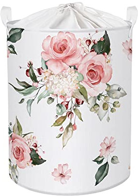 Clastyle 45L Aufbewahrungskorb Rosa Schönen Rosa Blumen Faltbar Wäschekorb Kinderzimmer Rund Weiß Schlafzimmer Wäschesammler, 36x45 cm