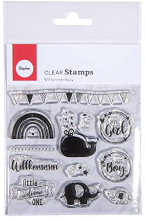 Rayher Clear Stamps Willkommen Baby, Bogen 97 x 102,5 cmm, 12 Motive, klar, transparente Stempel, durchsichtig, Silikonstempel, 50257000