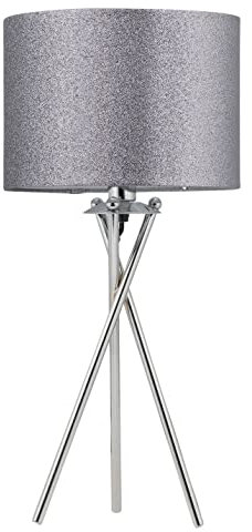 firstchoicelighting Polished Chrome Tripod Table Lamp or Bedside Light, Modern Design, Silvery Grey Glitter Shade, Height 52cm, LED Compatible
