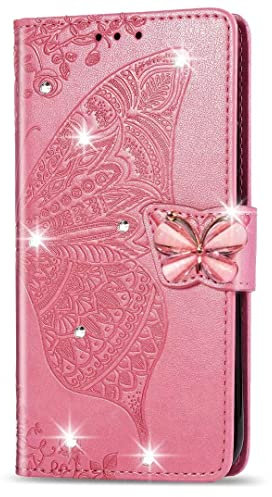 For iPhone SE 2022 Case iPhone SE 2020 Case iPhone 8/7 Case Glitter 3D Bling Sparkly Gems Butterfly Flip Case Stand Wallet Phone Case Card Slots Magnetic Silicone Bumper Shockproof Cover Pink