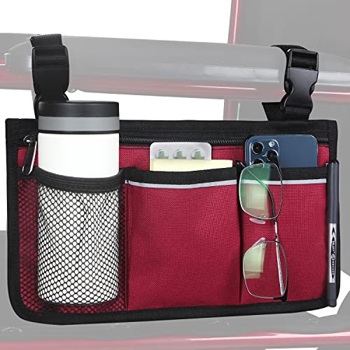 HSGEZUOQI Rollstuhlaufbewahrungstasche Armlehnentasche mit Becherhalter und Reflektorstreifen Wasserdichtes Gewebe, für die meisten Rollstühle, Rollatoren oder Rollatoren (Rot)