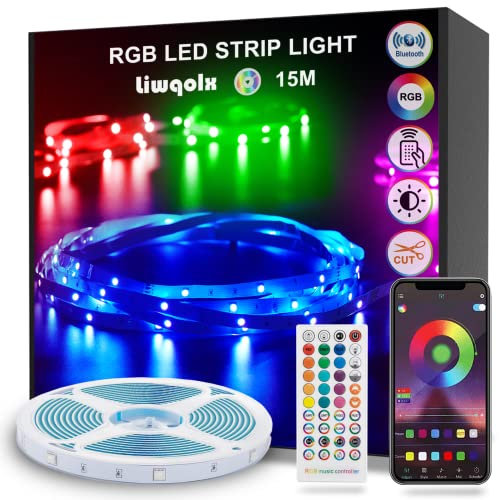 LED Strip 15m, Bluetooth LED Streifen Selbstklebend, RGB Led Band mit Fernbedienung und APP, Farbwechsel mit Musik, Dimmbar Lichterkette für Zuhause, Schlafzimmer, Küche, Decke, Party